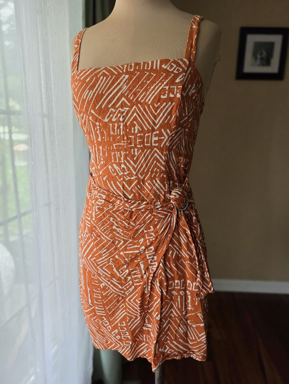 Forever 21 Orange Geometric Linen Blend Faux Wrap Mini Sundress Size Small Beach